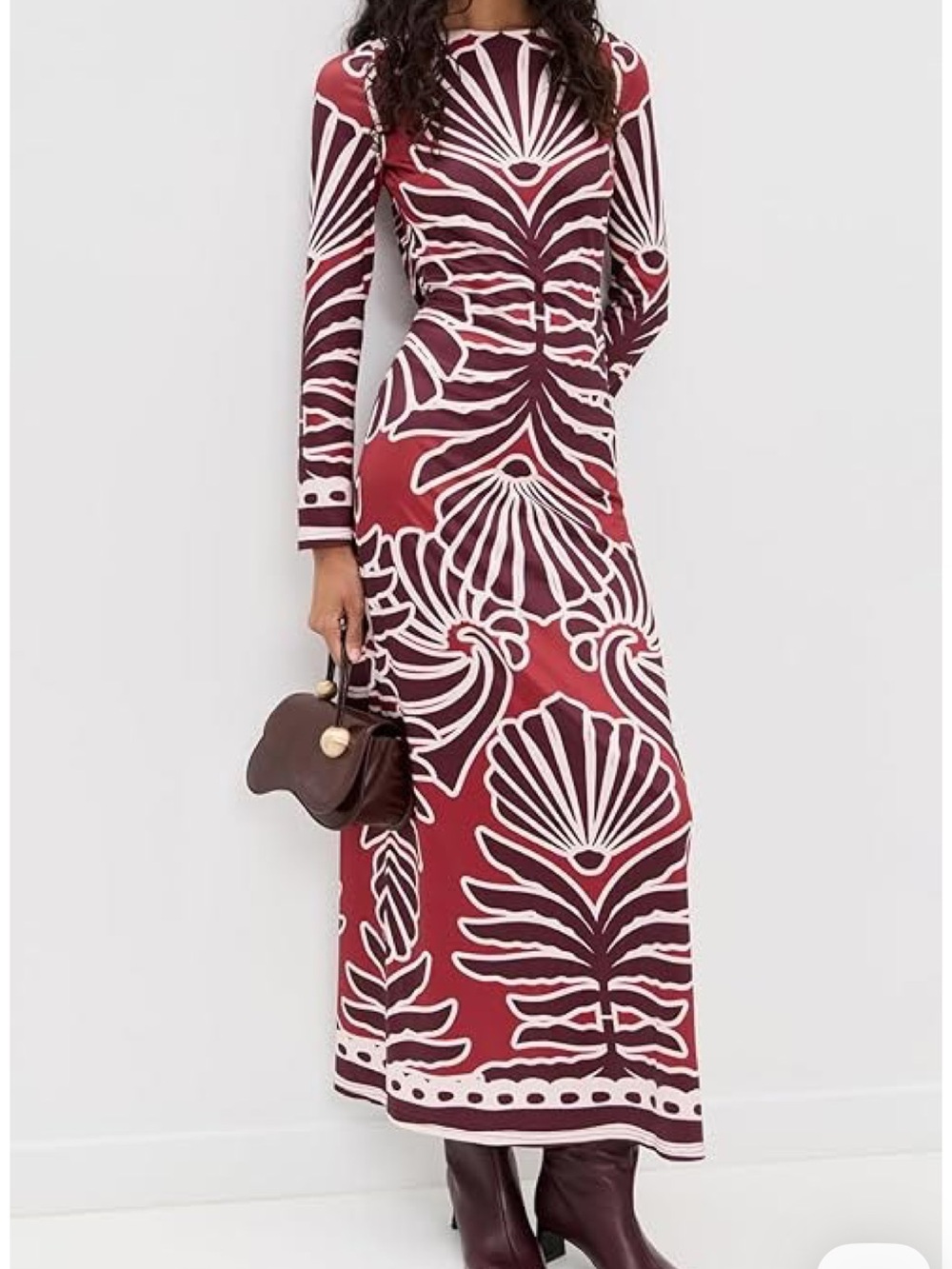 Long-Sleeve Red Patterned Maxi Dress by
